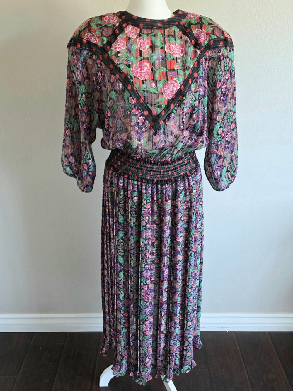 Vintage Diane Freis Maxi Dress Georgette Gypsy Boho Floral Semi Sheer Size M L